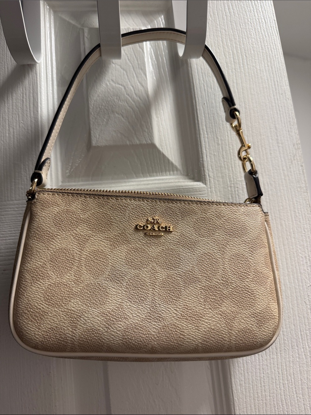 Coach Small Pebbled Shoulder Bag in Beige and Cream with Gold Hardware